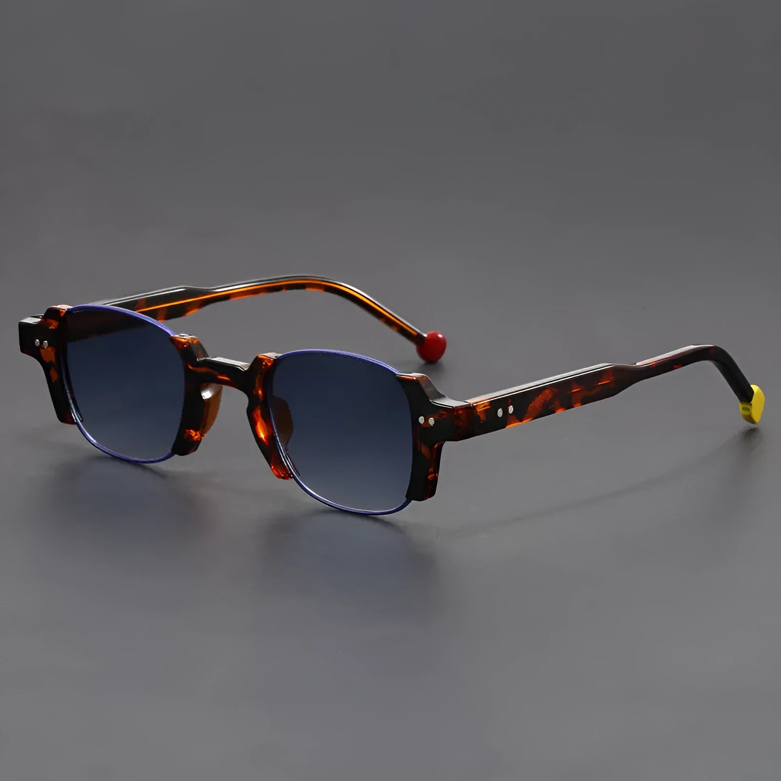 Square frame retro sunglasses with PC frame and AC lenses shown in multiple colour options.