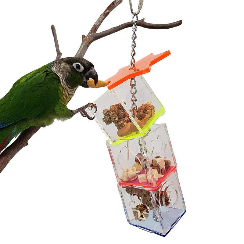 Clear acrylic bird foraging toy 32cm long parrot educational food container