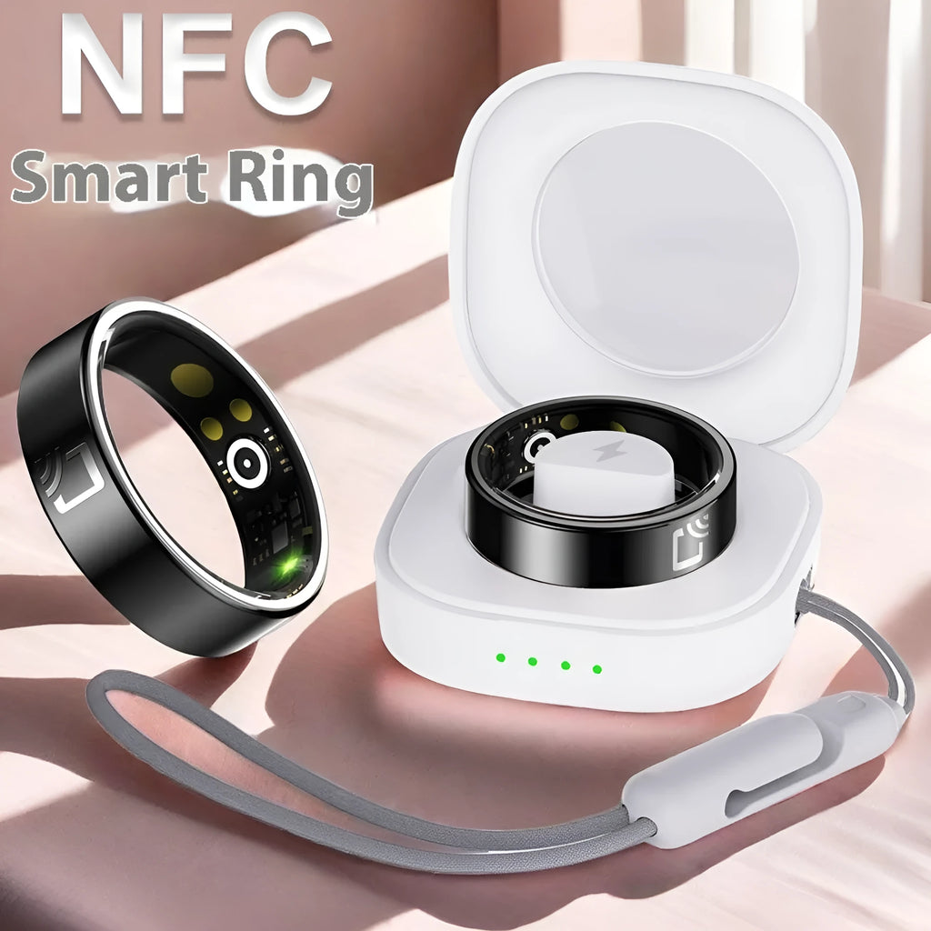 Black ceramic smart ring for health monitoring on finger with charging options