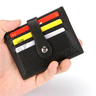 Men's PU leather wallet with magnetic snap closure in black, short square vertical shape with sewing line details