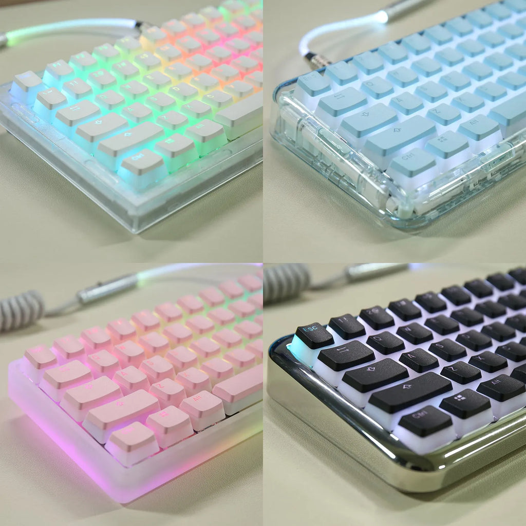 Double Skin Milk Pudding closed PBT transparent keycaps in pink and white for mechanical keyboard with RGB backlight visible