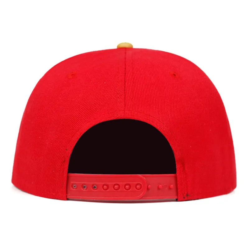 Adjustable cotton baseball cap with embroidered letters, dome top, short curved brim, in black and red for outdoor use