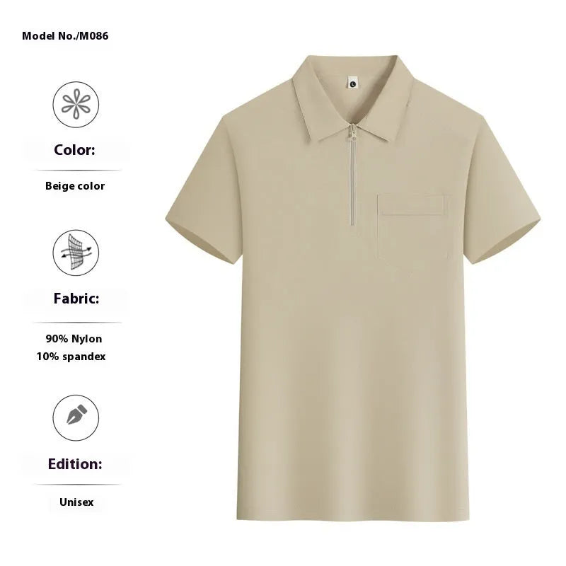 Short sleeve nylon shirt with multiple zippered pockets on the lapel, shown in silver grey.