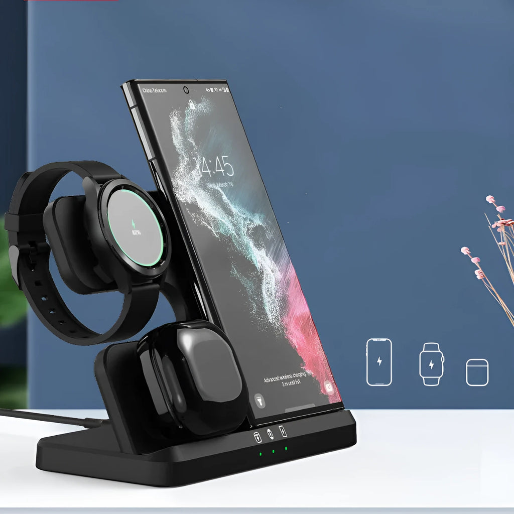 Vertical 3-in-1 wireless charging dock for mobile phone, smartwatch and headphones with 15W fast charging
