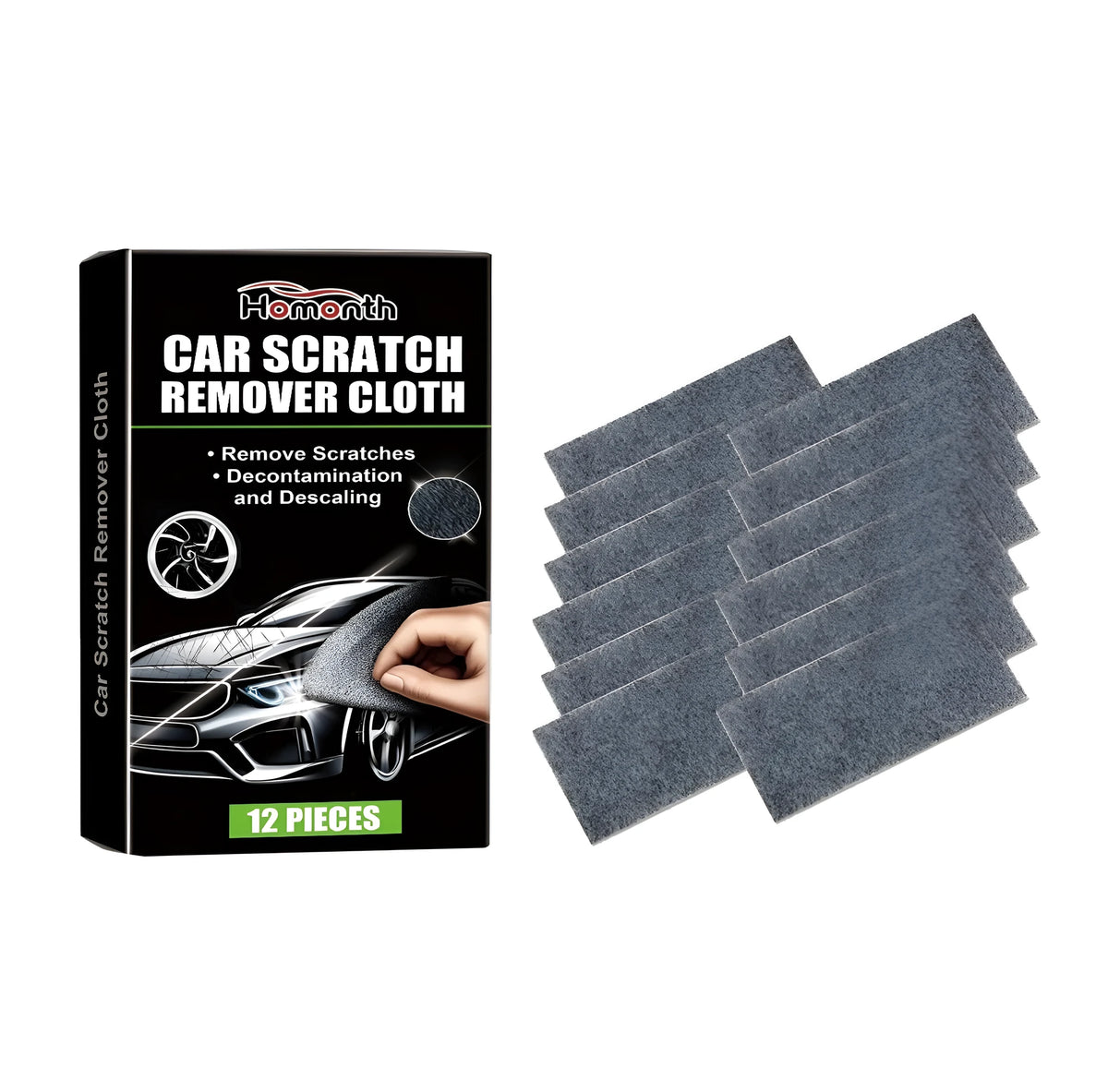 Pack of 12 car scratch remover cloths made from chemical fibre, each measuring 20x10cm