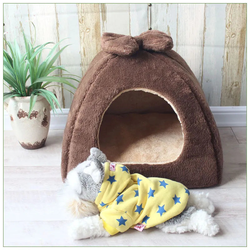Flannel sponge yurt pet nest in khaki colour for small dogs and cats, enclosed warm design