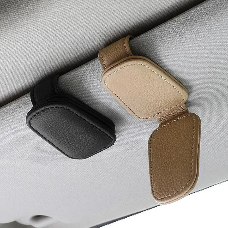 PU leather car sunglasses holder clip attached to vehicle sun visor in beige colour