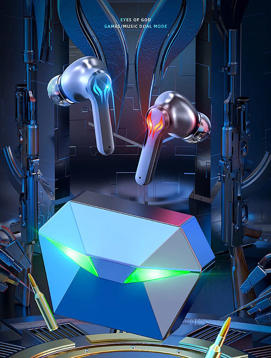 Black Bluetooth 5.0 wireless earbuds with active noise cancellation and charging case for gaming and sport