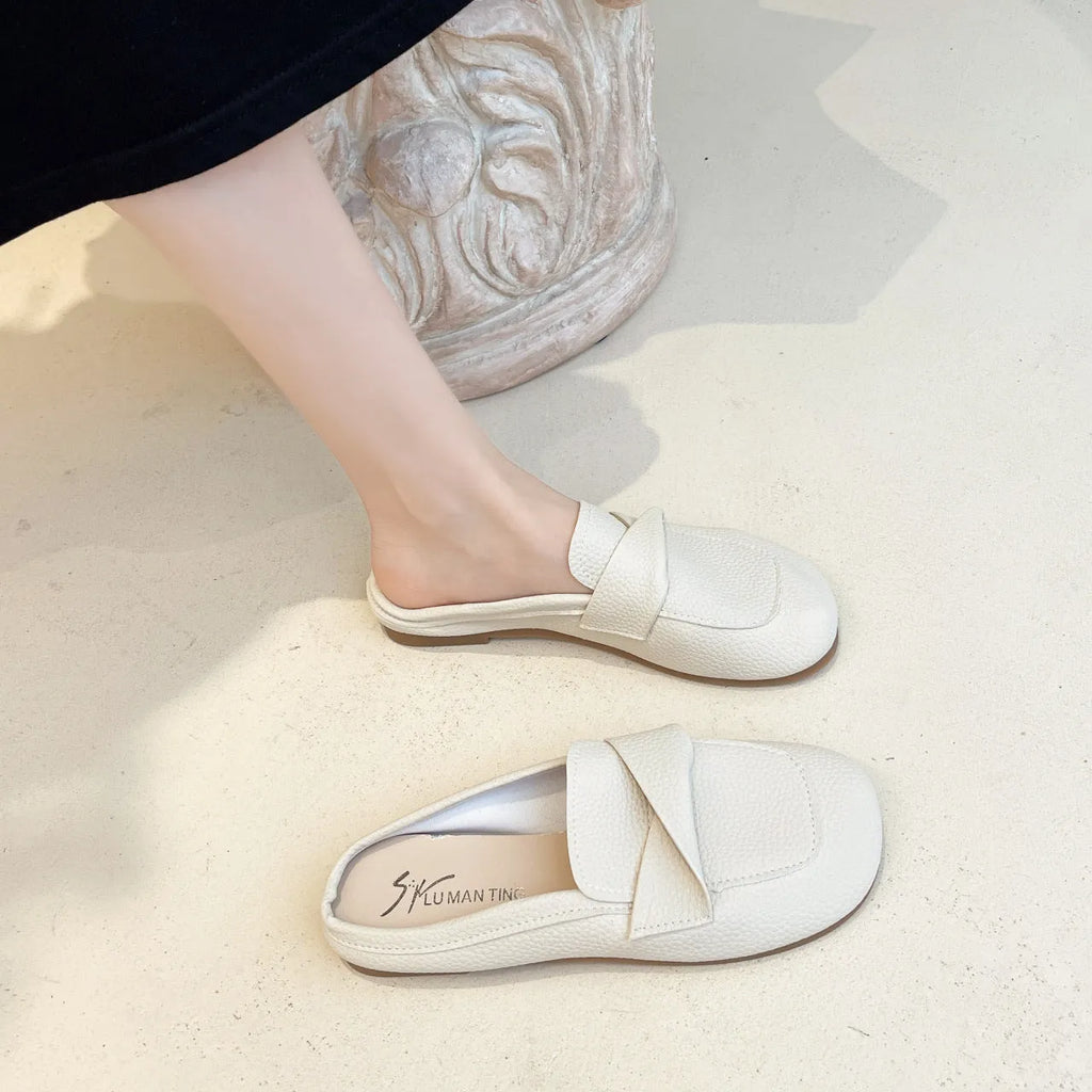 Closed toe loafers half slippers for women, soft bottom heel, square toe, PU upper, beige colour, side view