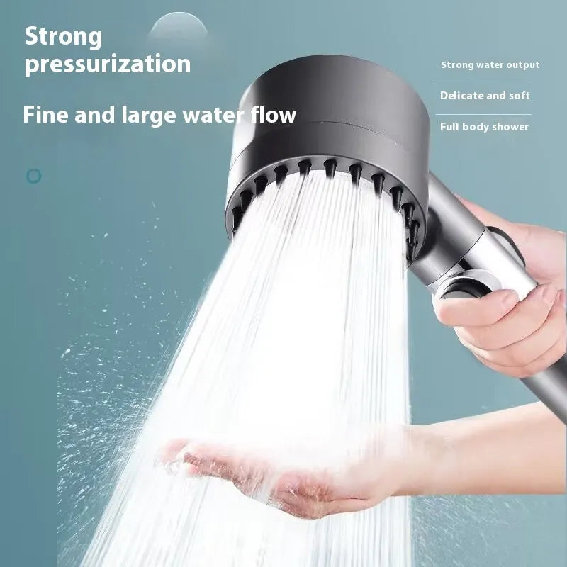 White portable massage shower head with three gear adjustment selector for spray, massage, and rain functions