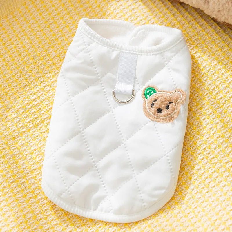 Quilted pet vest with embroidered bear patch and polka-dot ears, cream beige colour, for small dogs, side view