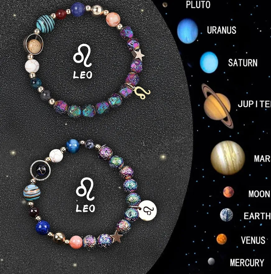 Natural stone beaded bracelet showing an adjustable strap with a zodiac charm, available in twelve astrological sign styles.