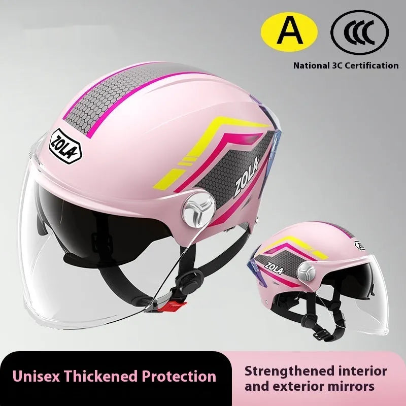 Children's 3C motorcycle half-helmet with a double visor shown in light brown colour.