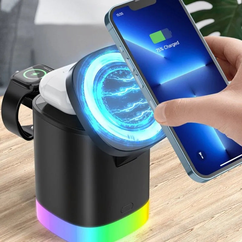 Black foldable 3-in-1 magnetic wireless charging station showing phone, watch and earbuds charging with RGB light on.