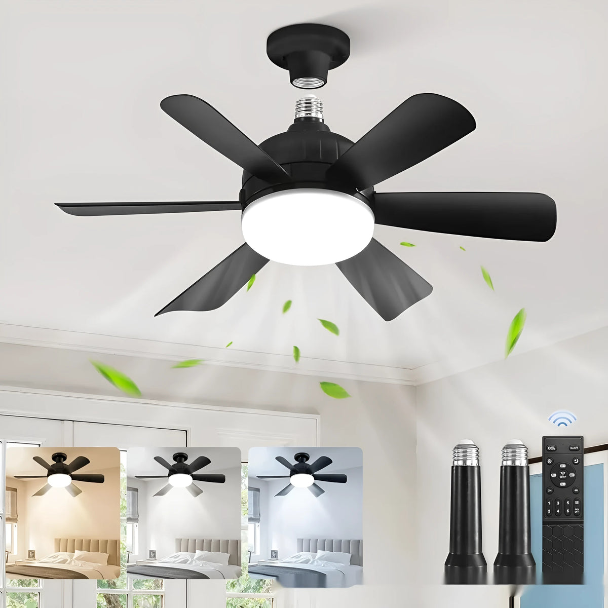 18-inch straight leaf fan lamp with remote control and three colour light options in black