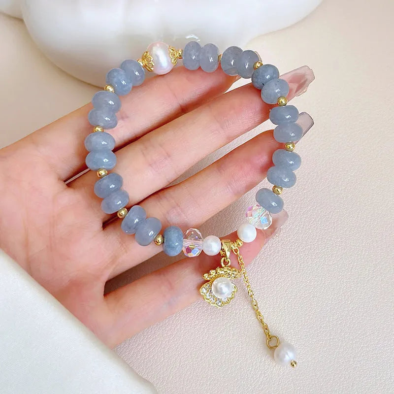 Natural aquamarine pearl and shell healing bracelet with adjustable closure