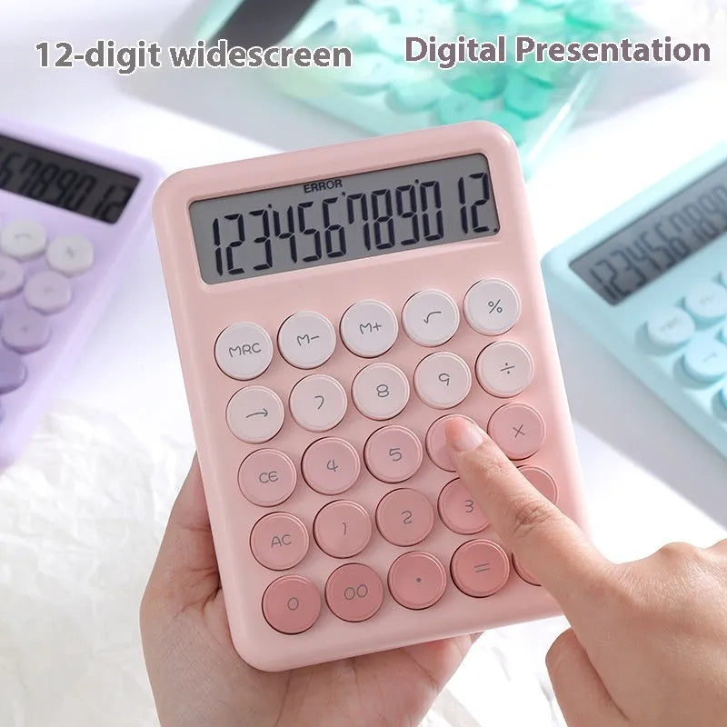 Desk calculator in a choice of violet, cherry blossom powder, glacier blue, and mint green gradient colours.