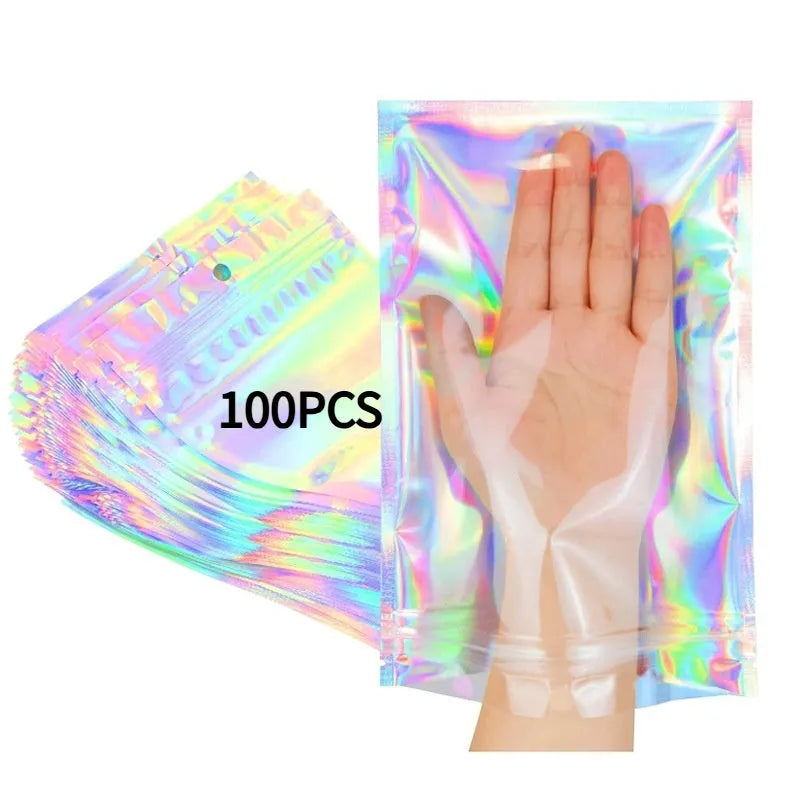 Holographic silver foil ziplock bag with colourful yin yang laser film pattern in 10.5x15cm size