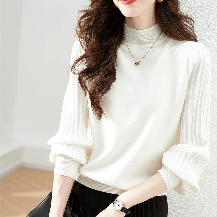 Slimming half turtleneck spandex shirt with sunken stripe design in apricot colour