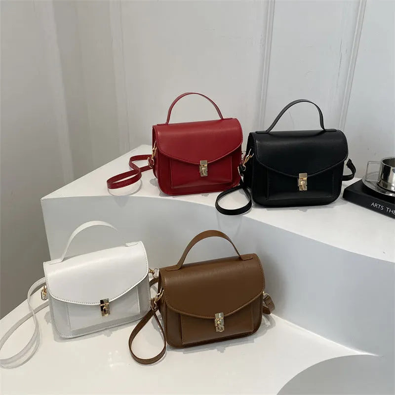 Retro style horizontal square messenger bag in PU leather with crossbody strap
