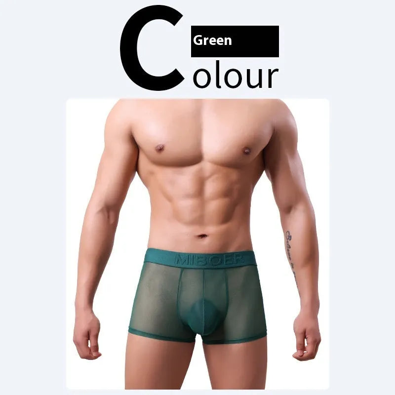 Men's thin invisible boxer shorts in quick-drying polyester fabric on a colour swatch showing black, white, blue, green, pink, and beige.