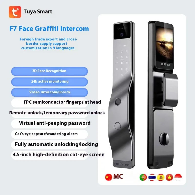 F7 model smart electronic door lock with face recognition camera, fingerprint sensor, and keypad on aluminium alloy panel