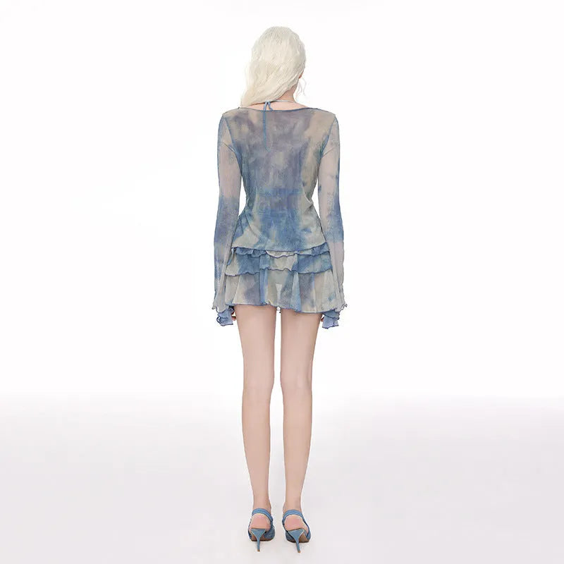 Women's steel wire push-up long-sleeved swim blouse in blooming blue polypropylene split swimsuit