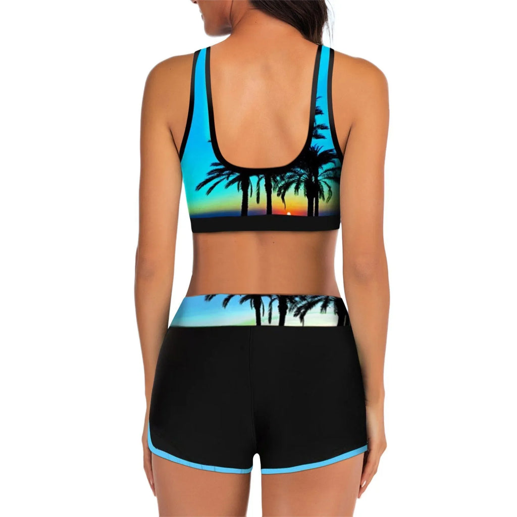 Women's polyester bikini set with digital pattern print, solid colour, sleeveless top and matching shorts