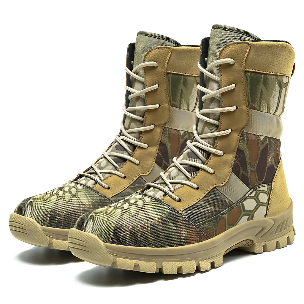 Men's black and camouflage high-top sneakers with mesh upper and totem pattern details