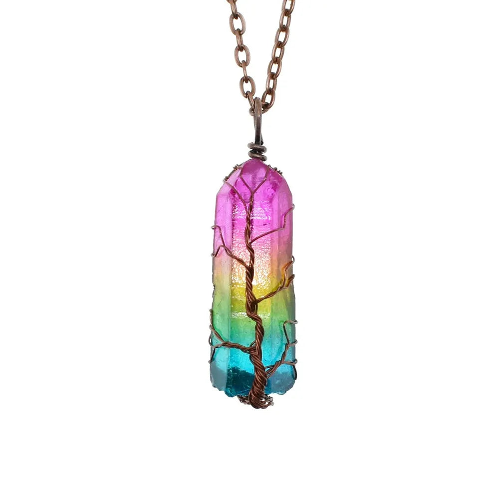 Stone crystal pillar tree of life pendant necklace with adjustable O-chain, rainbow and carnelian colour options