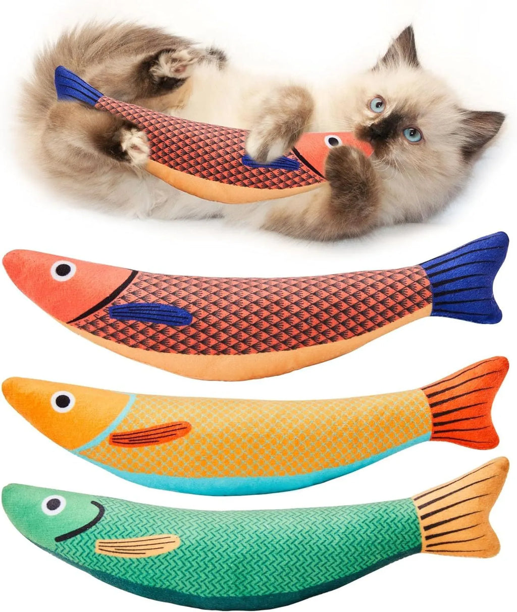 Green orange and yellow soft plush catnip fish toy with crinkle sound for cats