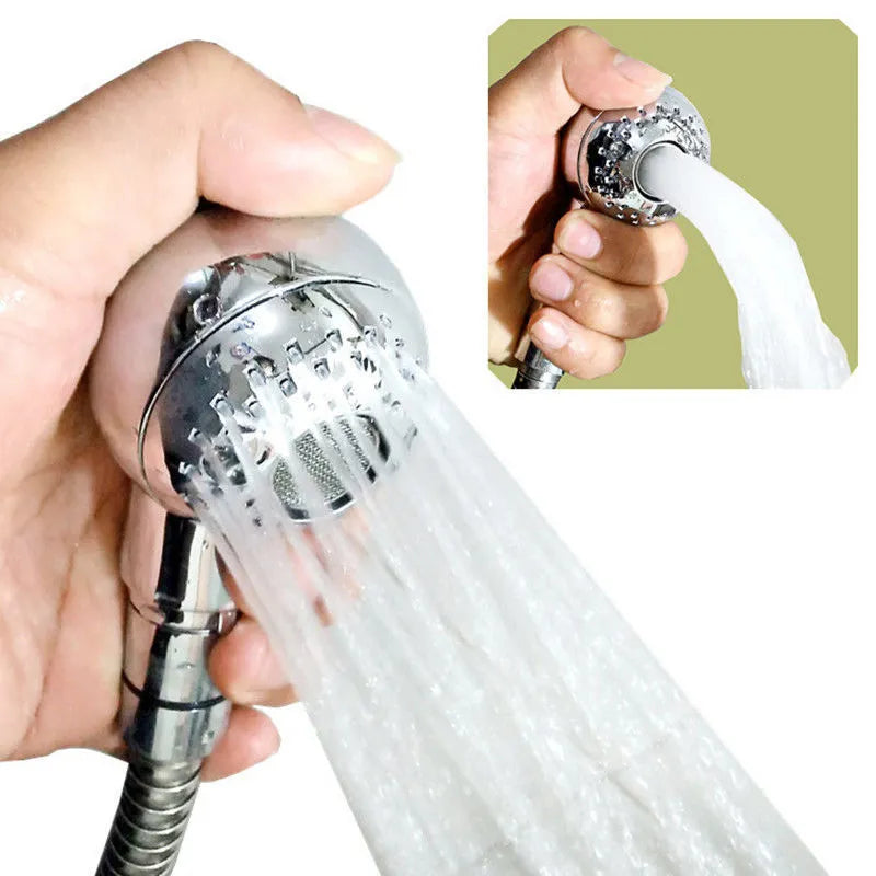 Silver handheld pet shower head with non-pressurised gentle spray for baby and pet baths