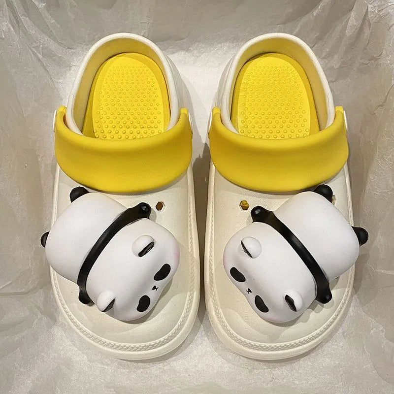 Women's anti-slip platform panda light hole slippers in Khaki, thick PVC sole, size 36-37