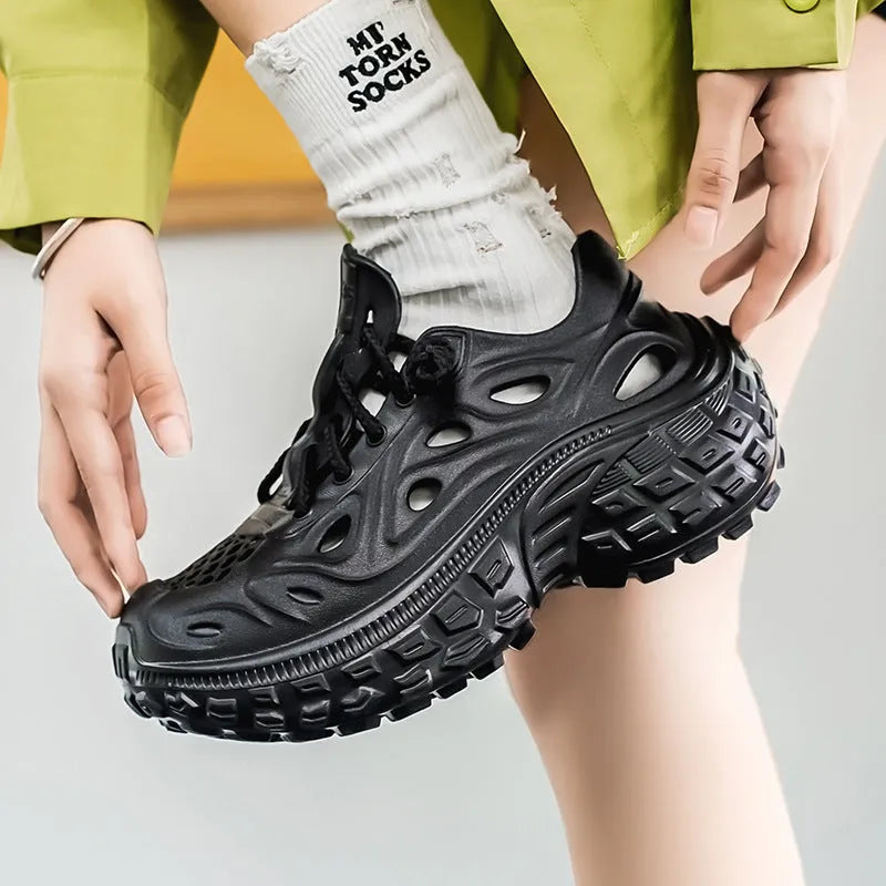 Men's Army Green EVA sandals with thick sole, covered heel, and hollow-out design.