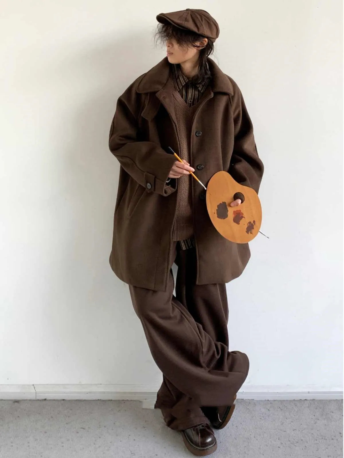 Men's brown woolen coat double breasted lapel mid-length loose fit long sleeve winter coat