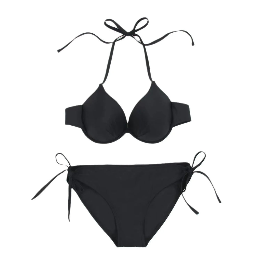 Women's rose red bikini swimsuit with steel bracket support shown alongside black colour option