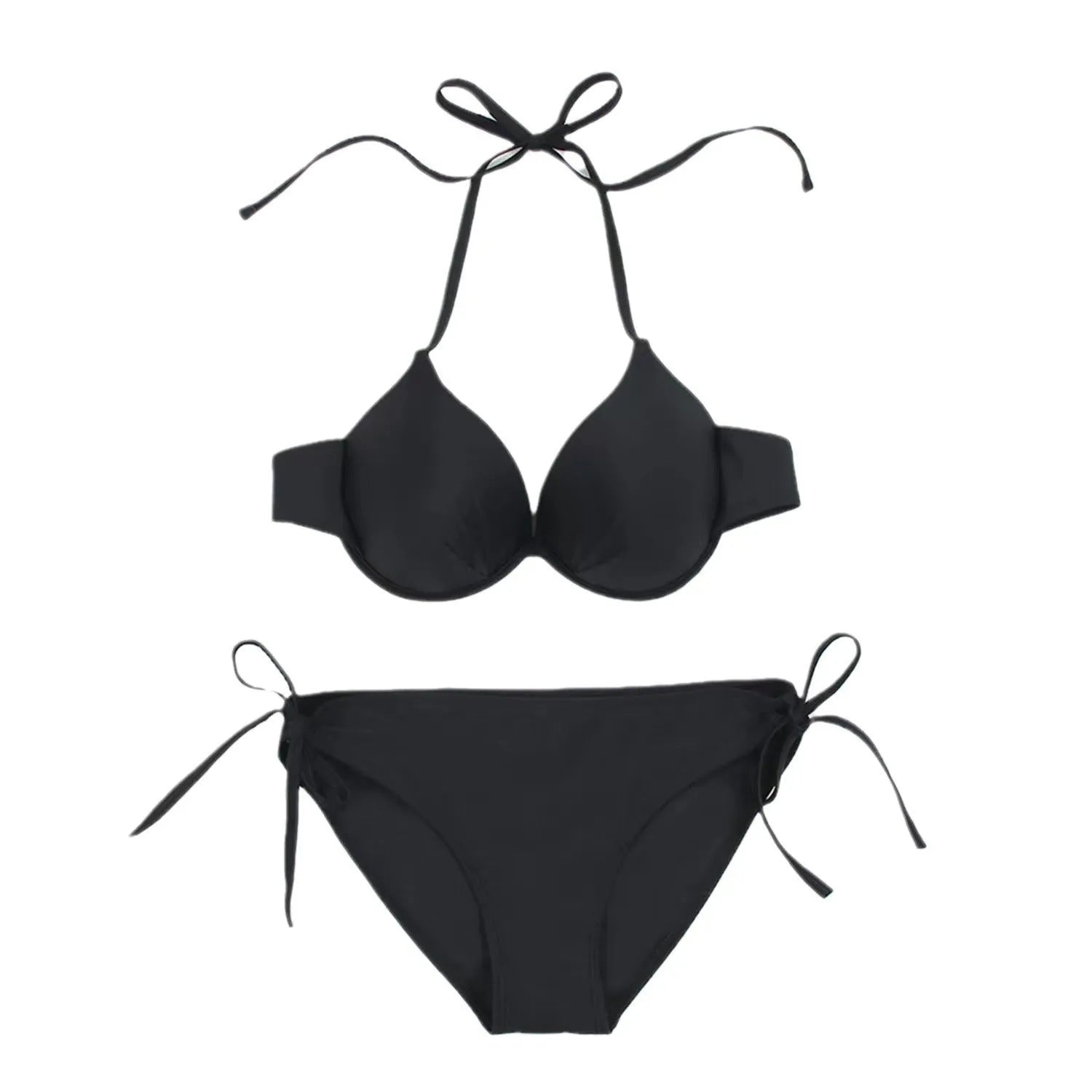 Women's rose red bikini swimsuit with steel bracket support shown alongside black colour option