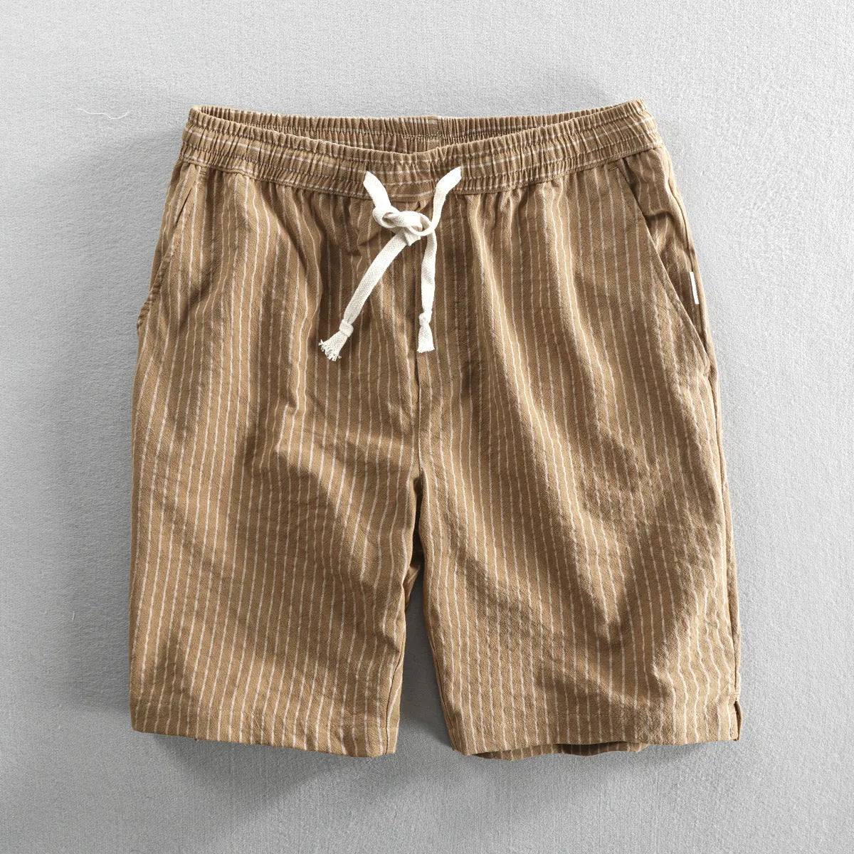 Men's striped cotton casual shorts with loose straight fit and micro elastic waist