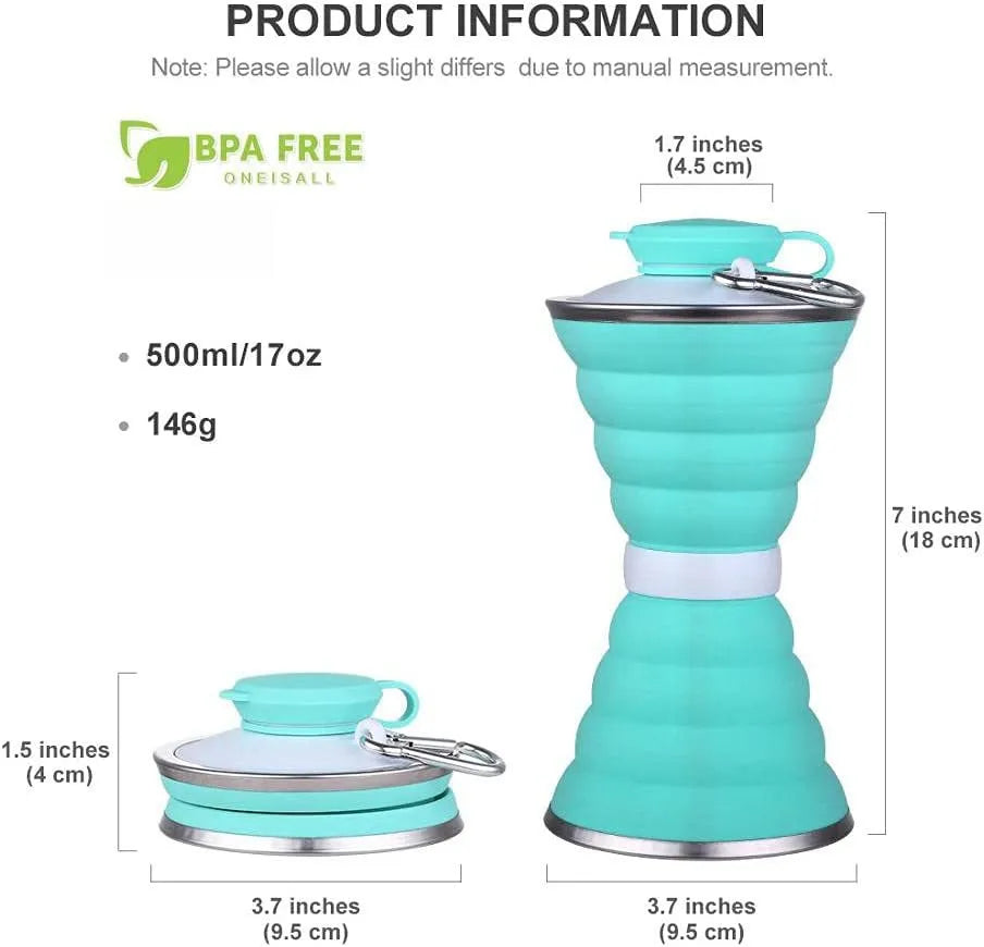 500ml foldable silicone water bottle cup in grey, collapsed to 9.6x4.6cm, with hanging hook and leak-proof lid