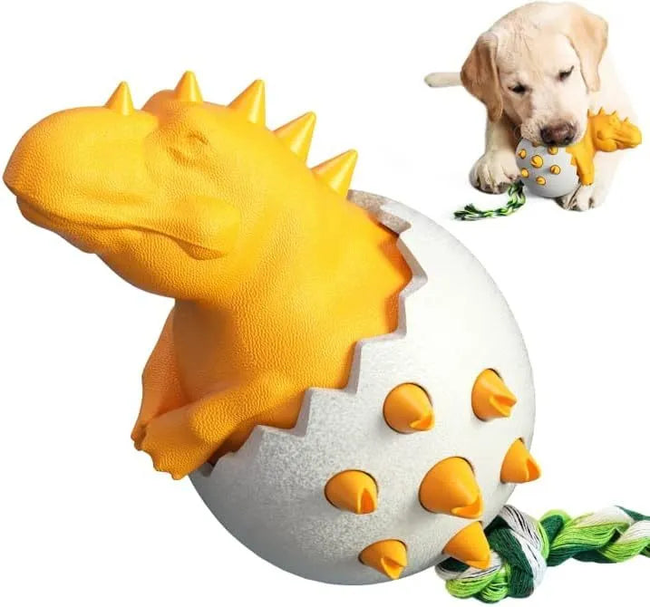 Blue durable rubber dinosaur dog chew toy with integrated rope for aggressive chewers.