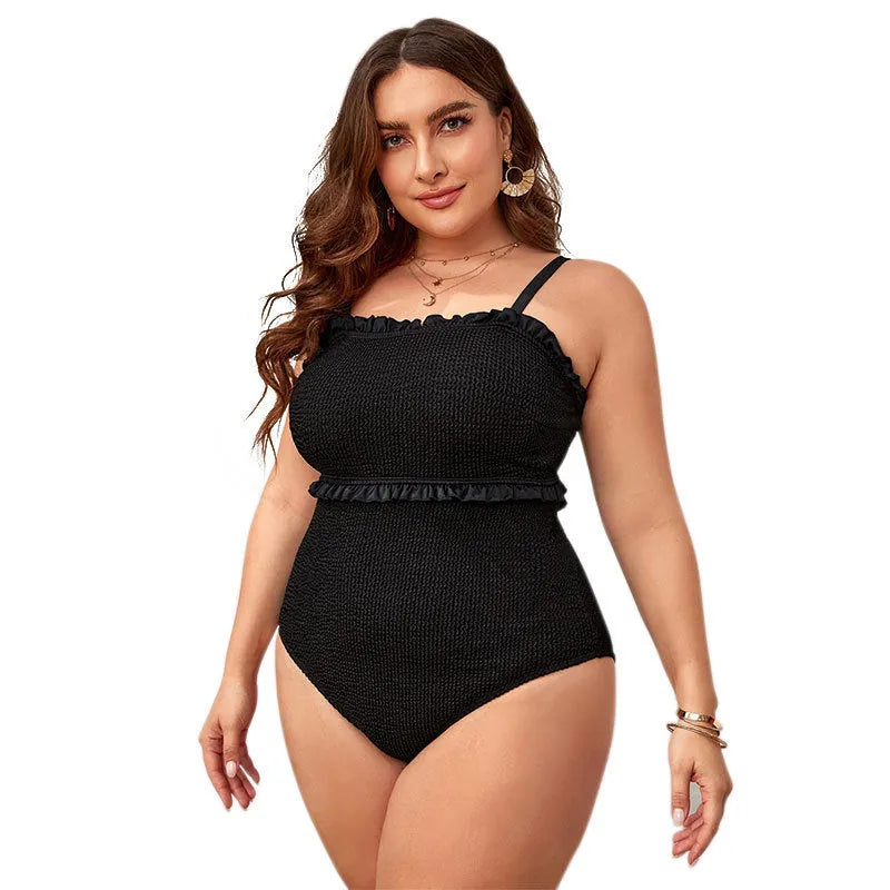 Black plus size double shoulder bikini swimsuit with belly cover for women.