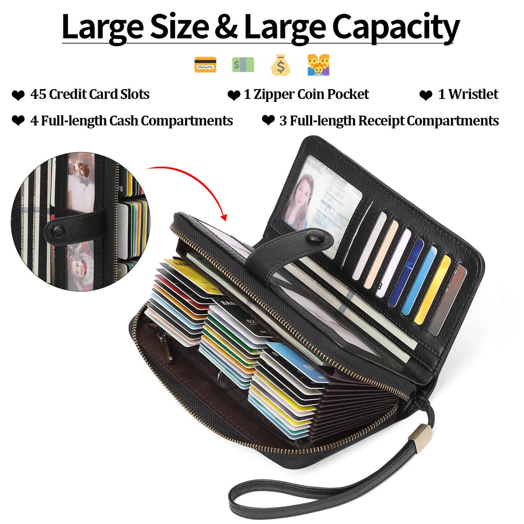Expanding card holder women's long wallet in light brown PU leather with sewing line detail and anti-theft swiping feature.