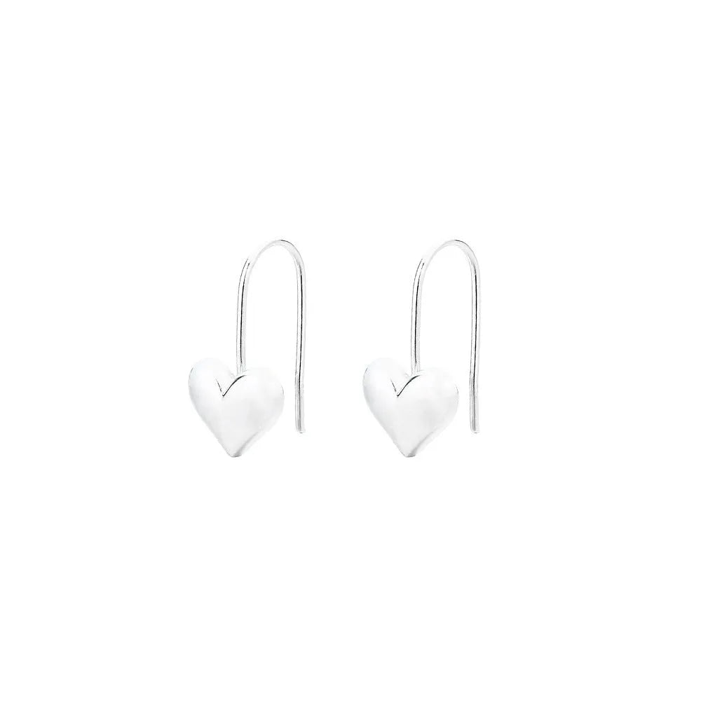 Silver heart-shaped women's earrings with glossy finish and three-dimensional design