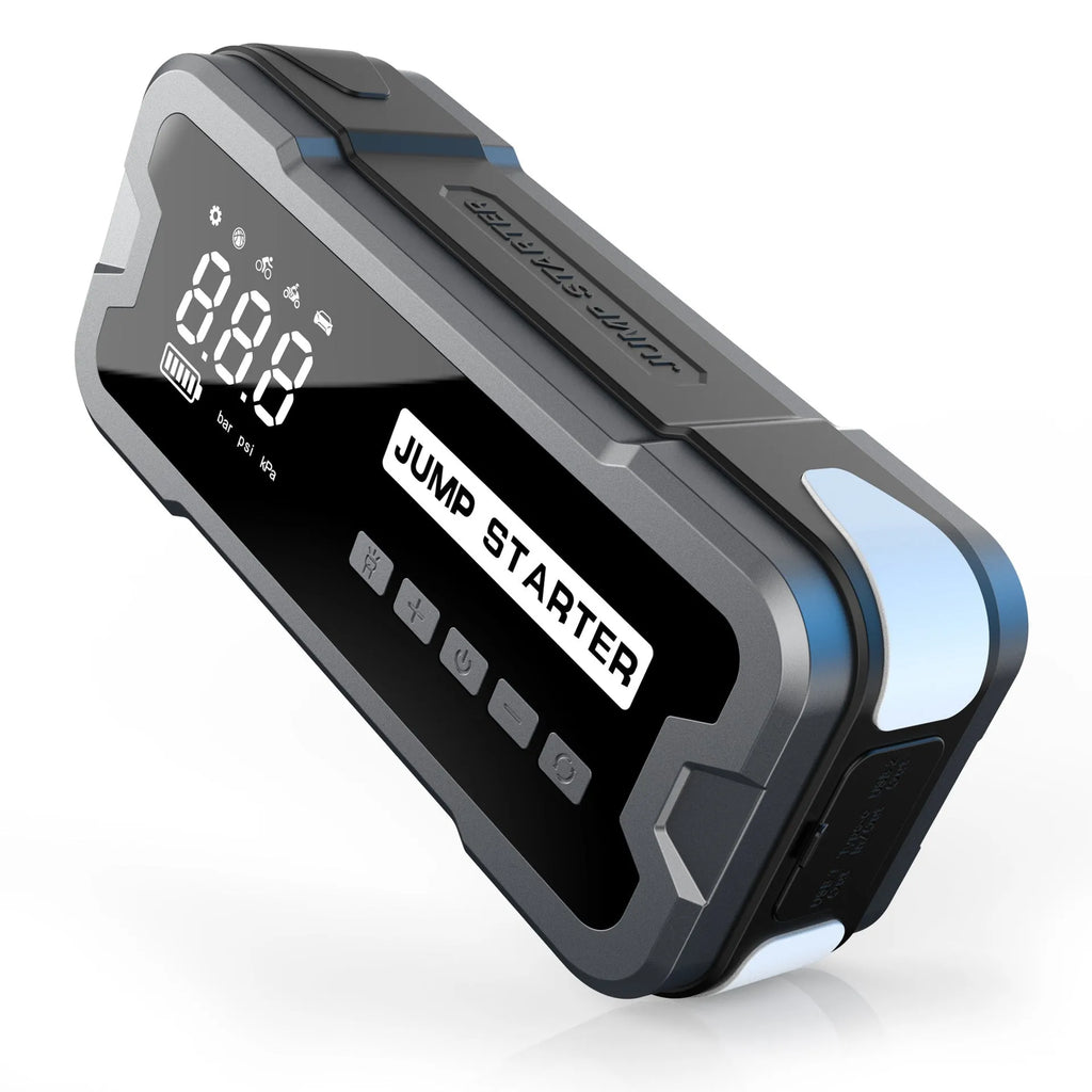 CY53 model black automotive jump starter power bank with built-in air compressor, LCD screen, and LED lights