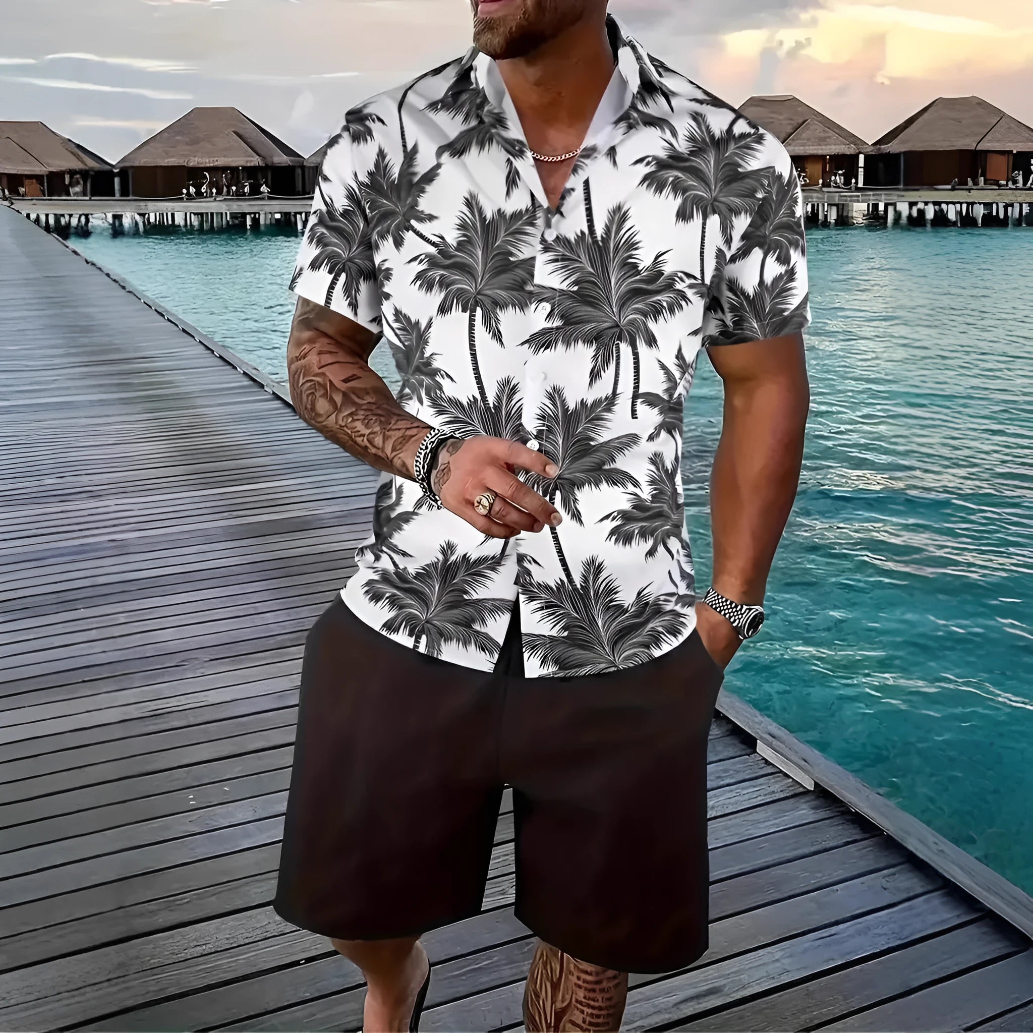 Men's 3D printed Hawaiian style short sleeve shirt and shorts set in polyester fabric.