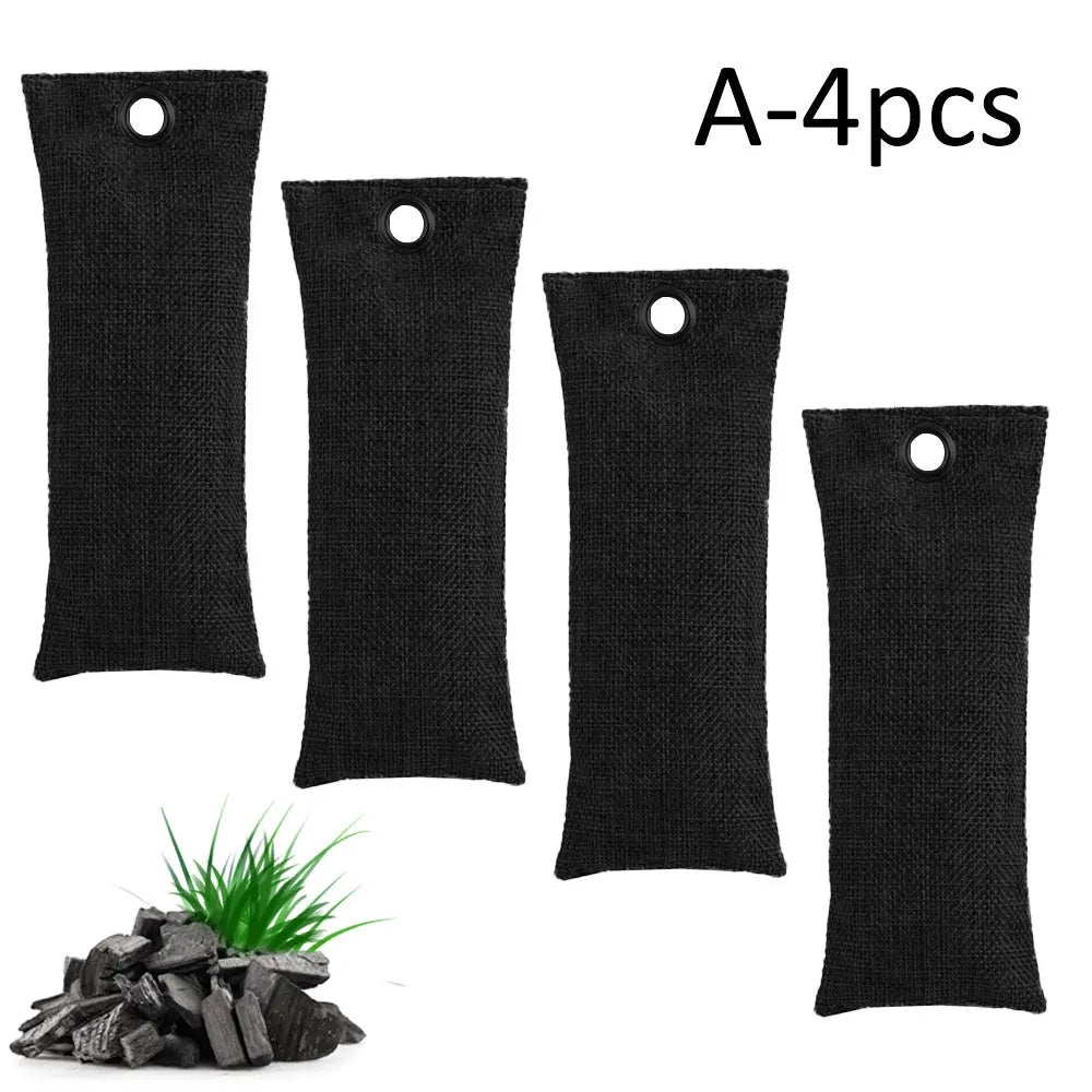 Black bamboo charcoal deodorising bag for shoes measuring 16.5 by 6.5 centimetres