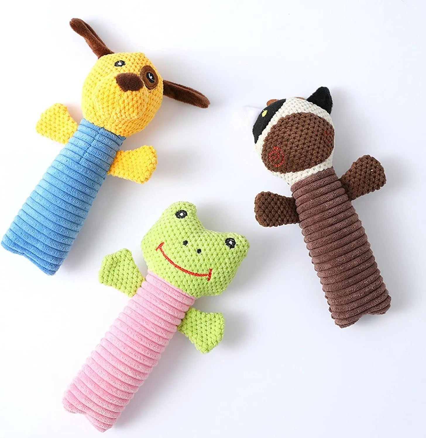 Squeaky plush dog chew toy in animal shape for dental cleaning, 19cm size suitable for all breeds