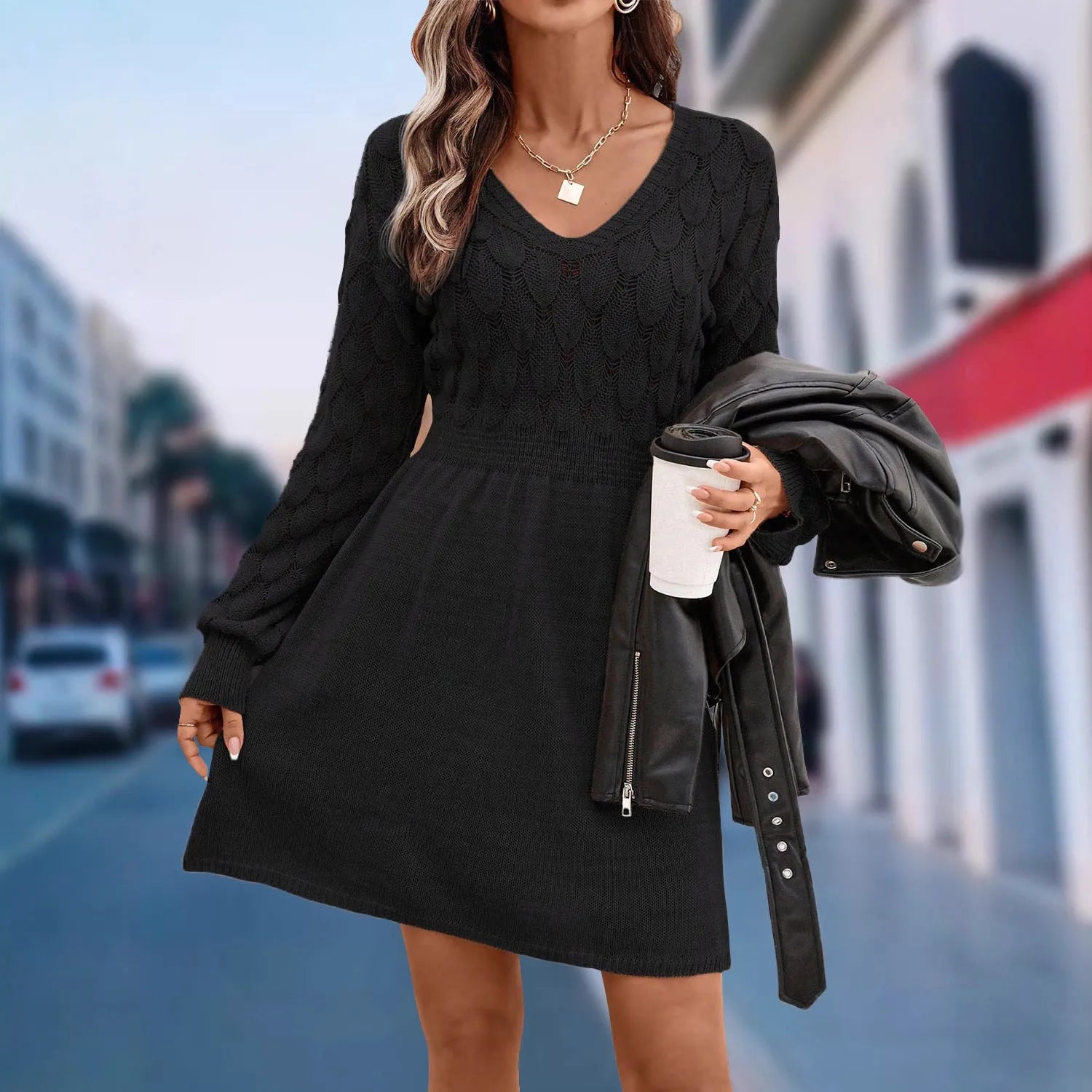 Women's apricot V-neck long sleeve dress with a 3D pattern and high waist on a mannequin.