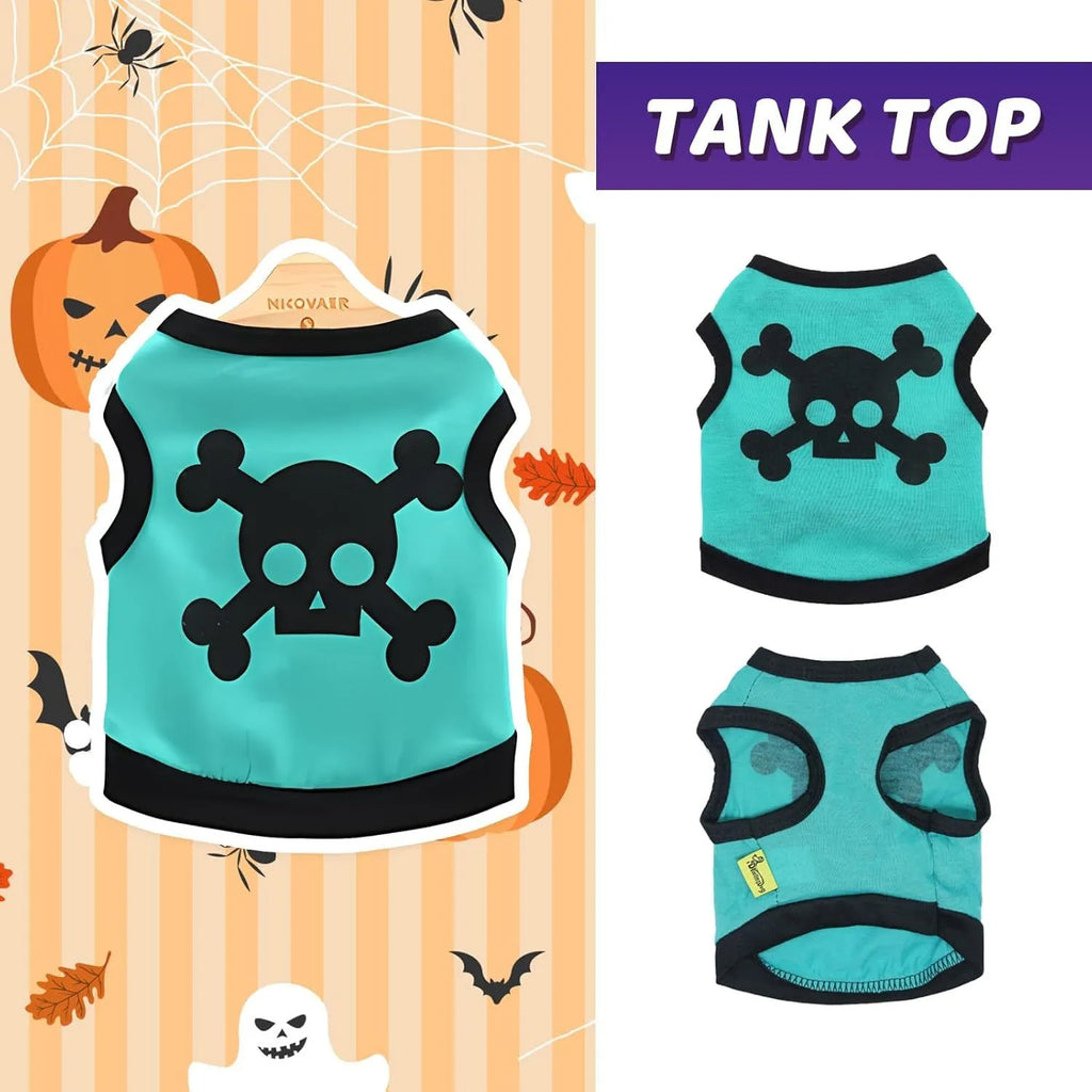 Dog wearing blue Halloween vest with skull bones pattern, stretch cotton pet costume