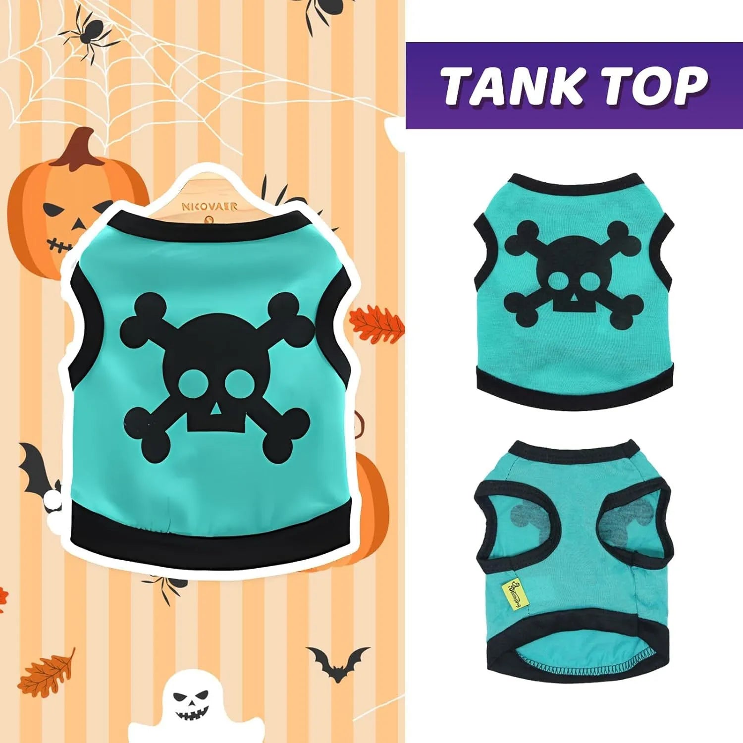 Dog wearing blue Halloween vest with skull bones pattern, stretch cotton pet costume